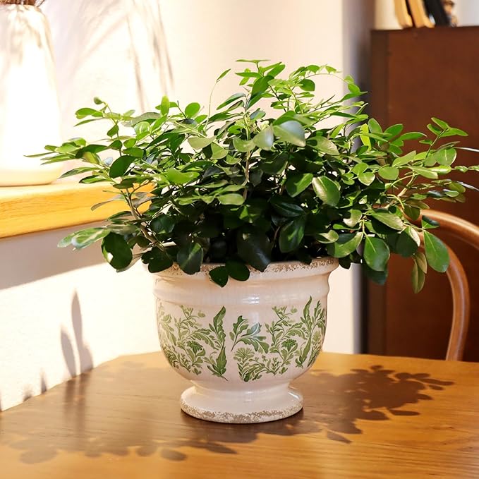 Vintage Ceramic Planter Pot with Drainage, 6.8 Inch Large Crackle Glaze Flower Pot with Green Floral Leaf Pattern for Succulents, Flowers, Farmhouse Country Rustic Planters for Gardening Gift