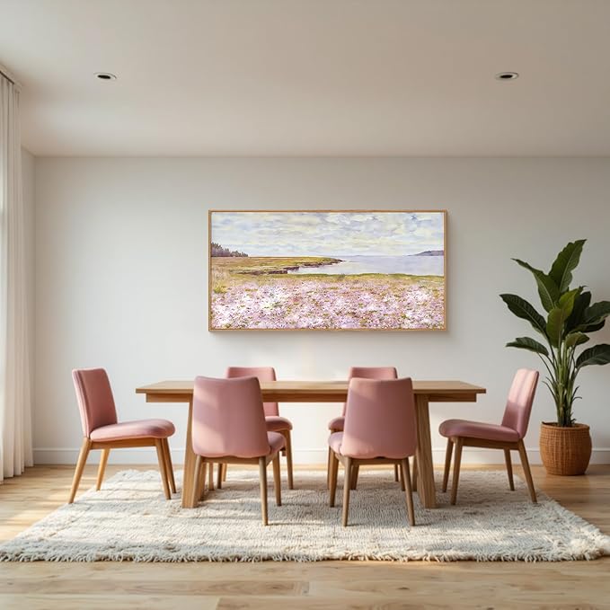 HOURIA Watercolor Pink Floral Coastal Landscape Framed Canvas Wall Art Set,Nature Inspired Wildflower & Meadow Cottage Field Wall Decor,Modern Seaside Beach Artwork for Living Room,Farmhouse-20"x40"x1