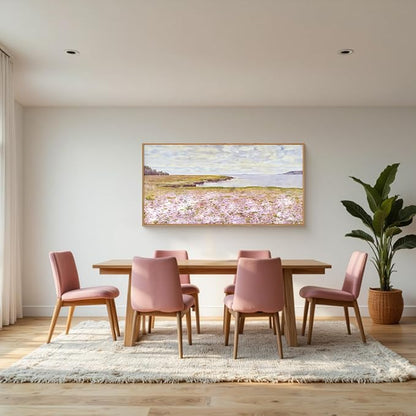 HOURIA Watercolor Pink Floral Coastal Landscape Framed Canvas Wall Art Set,Nature Inspired Wildflower & Meadow Cottage Field Wall Decor,Modern Seaside Beach Artwork for Living Room,Farmhouse-20"x40"x1