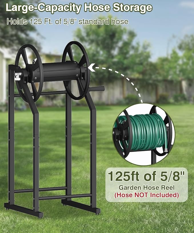 4-Spike Garden Hose Reel with 3.9ft Leader Hose & Stainless Fitting, Outdoor Hose Holder holds 125ft Hose of 5/8", Freestanding Metal Hose Stand for Outside Yard Lawn, Black