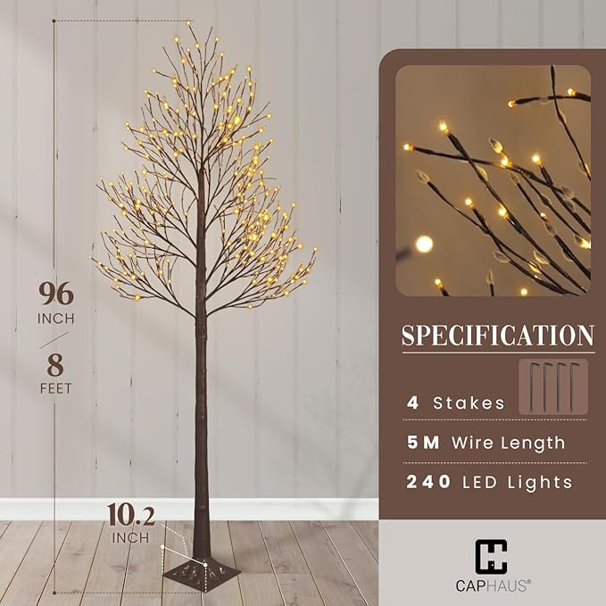 CAPHAUS 8FT Lighted Willow Tree with 240 Warm White LED Lights, Artificial Twinkling Twig Tree for Christmas Decorations Indoor, Holiday & Winter Home Decor