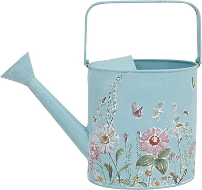 Vintage Floral Metal Watering Can for Indoor/Outdoor Plants, Blue Functional Garden Waterer with Long Spout, Garden Water Pot Rustic Decor for Home Garden Patio