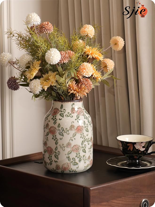 Vintage Ceramic Vase - 7.8 Inch Hand-Painted Roses with Ice Crackle Glaze Finish, American Farmhouse Style Pitcher Vase for Home Decor, Centerpiece, Shelf, Table, Office, Rustic Wedding Gift