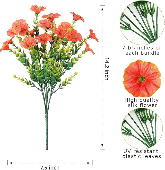 Artificial Fake Flowers Plant for Outdoors, 12 Bundles Faux Morning Glory UV Resistant Look Real Silk Flowers for Outside Planter Front Door Porch Patio Yard Decoration, (Fall Orange)