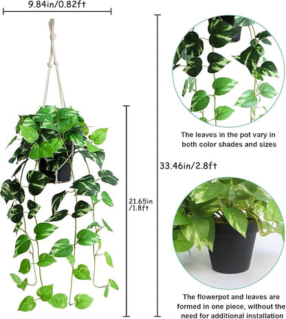 alyptus UV Resistant Fake Pothos Hanging Plants - Realistic Faux Pothos Vines for Indoor & Outdoor Décor, Lush Greenery for Shelves, Counters, Entry Tables - Golden Green