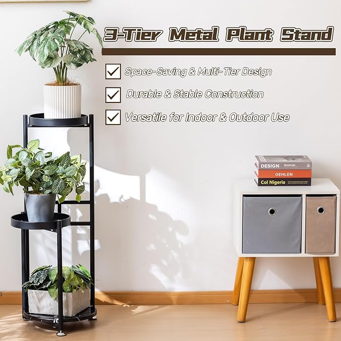CHPHI 3 Tier Plant Stand, Tall Metal Shelf Holder for Indoor, Outdoor Display Rack Flower Pot Stand for Corner Living Room Balcony Garden Patio (black)