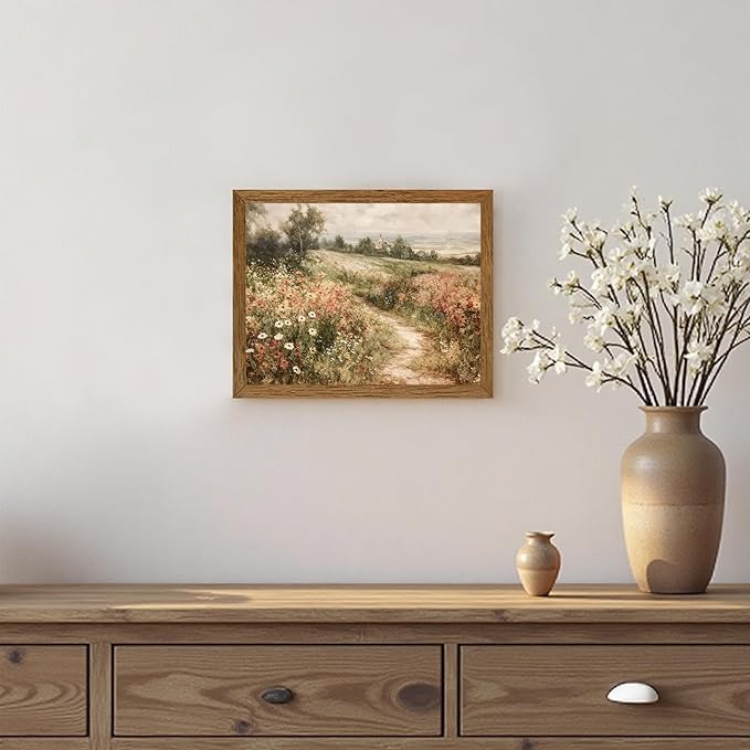 Wojuin Framed Vintage Cottagecore Canvas Wall Art, Landscape Nature Country Wildflower Wall Decor, Farmhouse Modern Rustic Fall Flower Artwork Prints for Living Room Bedroom Bathroom Office 8x10 in