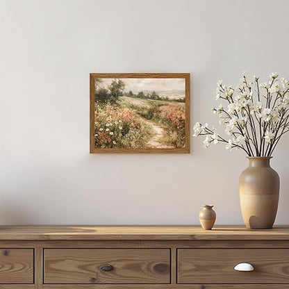 Wojuin Framed Vintage Cottagecore Canvas Wall Art, Landscape Nature Country Wildflower Wall Decor, Farmhouse Modern Rustic Fall Flower Artwork Prints for Living Room Bedroom Bathroom Office 8x10 in