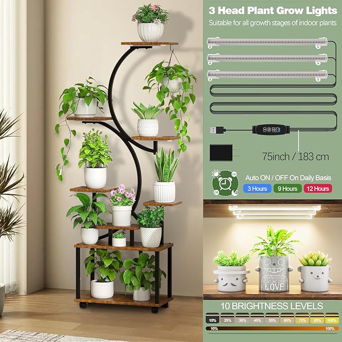 Plant Stand with Grow Light and Wheels, 8-Tiered Tall Plant Stands for Indoor Plants Multiple, Metal Plant Shelf Display Rack Holder, Flower Stand for Indoor Plants, Living Room, Garden, Patio (M)