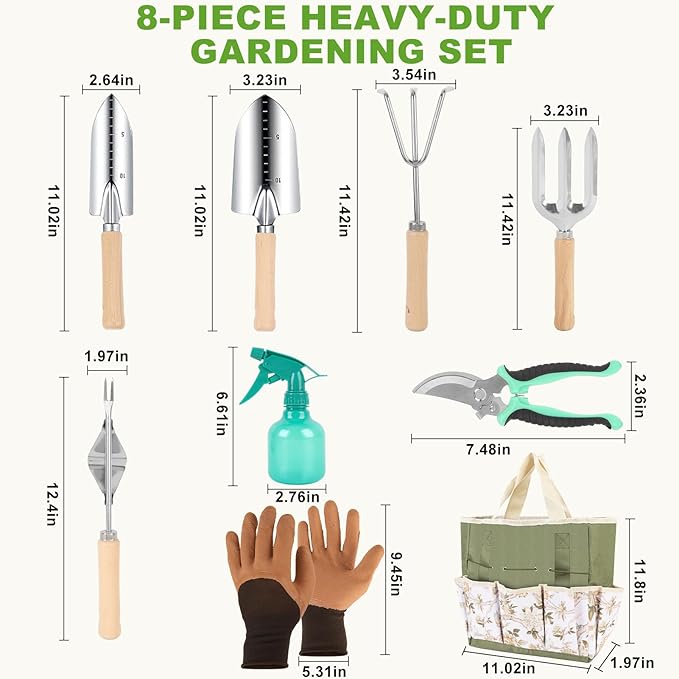 Gardening Tools 9 Piece Heavy Duty Rust-Proof Gardening Tool Set with Storage Bag and Anti-Slip Rubber Gloves, Ideal Gardening Gifts for Mothers and Women