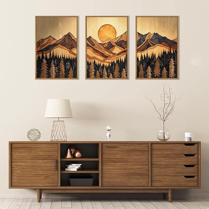 Ausril Woodcut Mountain Pine Tree Framed Canvas Wall Art Set of 3-16x24 Inch, Vintage Nature Forest Wilderness Landscape Print, Brown Boho Style Painting for Living Room, Bedroom, Office Decor