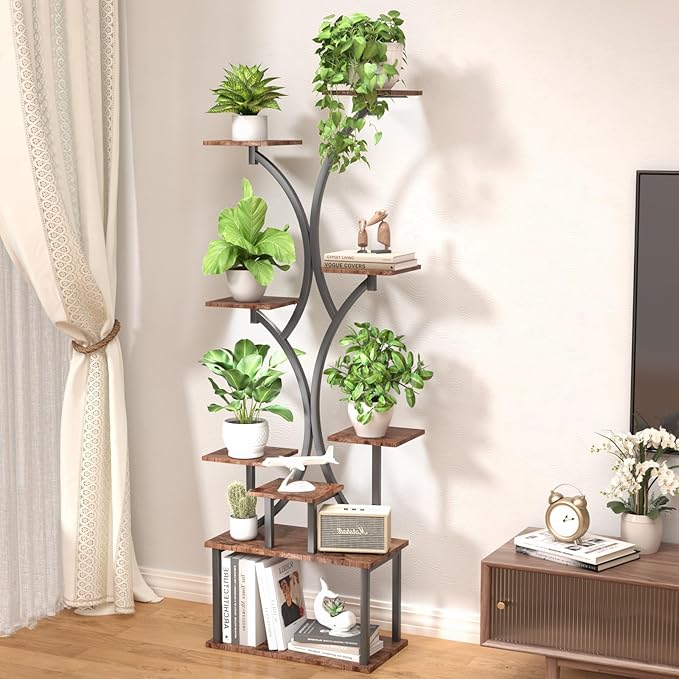 65 inch Plant Stand Indoor with Grow Lights, 9 Tiered Metal Plant Stands Indoor, Tall Plant Shelf for Multiple Plants, for Living Room, Patio Balcony or Office (Rustic Brown)