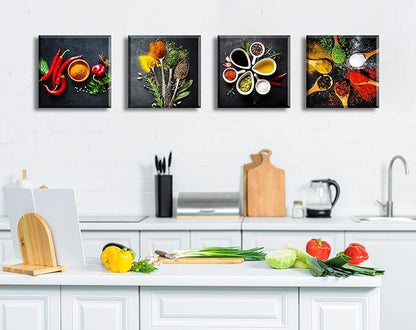 Kitchen Wall Decor Colorful Spices Seasoning Spoon Canvas Wall Art Vintage Painting Picture for Modern Home Dining Room Contemporary Artwork Decoration Stretched and Framed Ready to Hang 12"X12"X4