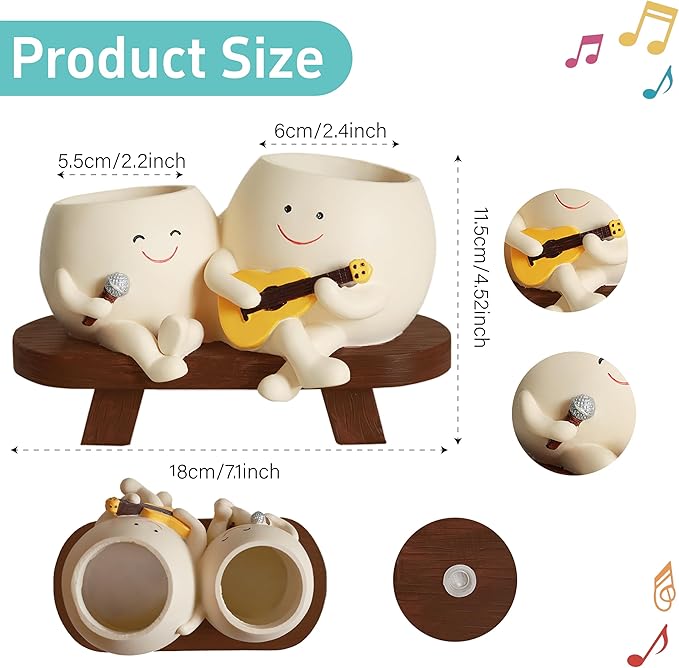 Smiley Face Planter Pot,Unique Double Head Guitar Singing Planter,with Drainage Hole Resin Cute Plant Pot,for Indoor Outdoor Plants