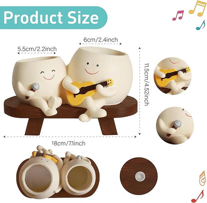 Smiley Face Planter Pot,Unique Double Head Guitar Singing Planter,with Drainage Hole Resin Cute Plant Pot,for Indoor Outdoor Plants