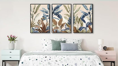 Large Framed Botanical Wall Art - Tropical Leaf Wall Decor 32"x48" Set of 3 Beige Boho Art Prints Minimalist Palm Painting Rustic Plant Canvas Pictures for Living Room Bedroom Office Artwork