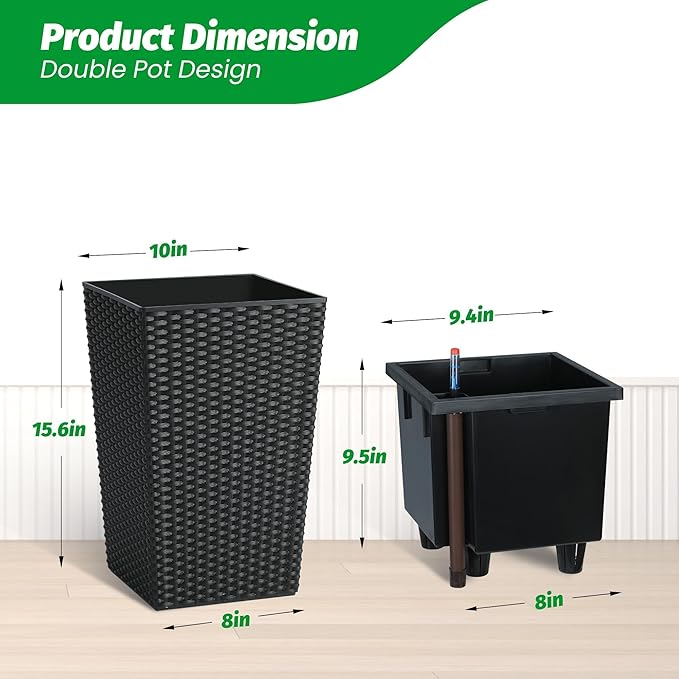 GarveeLife 16 Inch Tall Rattan Planter Set of 2, Large Self-Watering Pot with Water Level Monitor Outdoor and Indoor for Patio, Porch, Living Room, or Home Office, Black