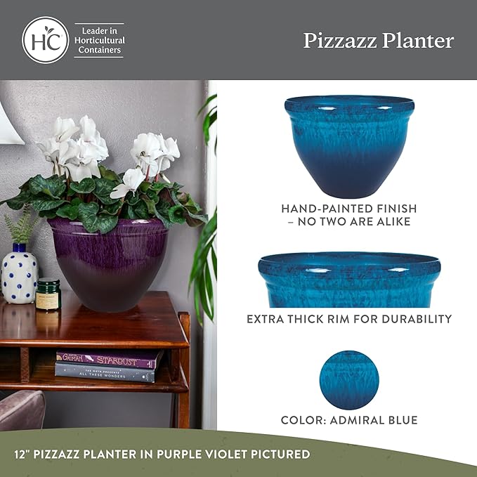 The HC Companies Pizzazz Decorative Round Flower Pots w/Ceramic Look - UV-Resistant Decorative Pot for Outdoor & Indoor Plant Pots - Modern Planter for Flower, Herbs (16” Admiral Blue, Pack of 1)