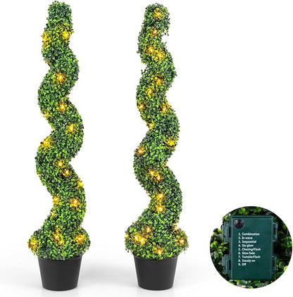Goplus 4FT Pre-Lit Artificial Spiral Boxwood Topiary Tree, 2 Pack 47” Tall Faux Potted Fake Greenery Plants w/ 100 LED Lights, Nursery Pot, Indoor Outdoor Home Front Porch Holiday Decoration