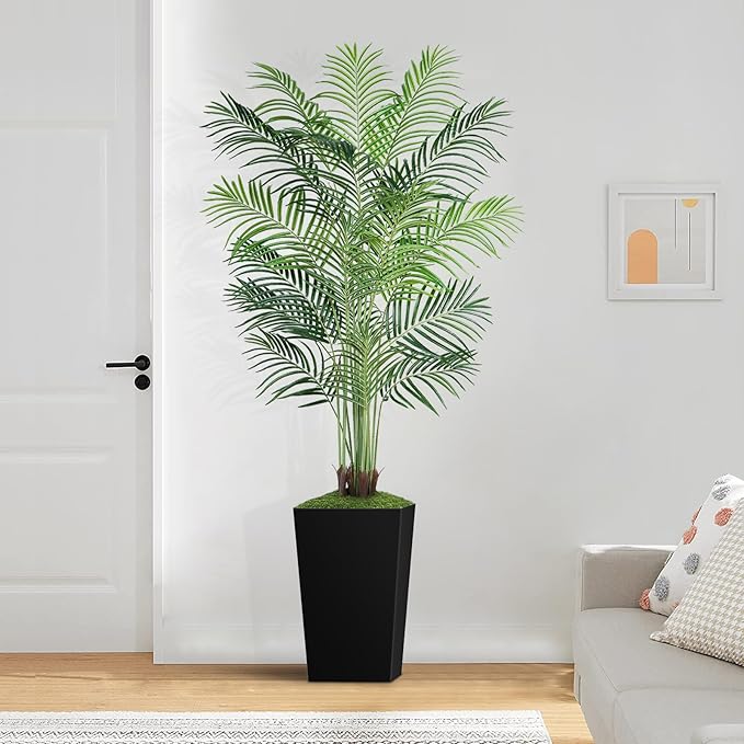7ft Artificial Palm Tree with Black Planter-Tall Artificial Indoor Plants, Fake Tropical Palm Tree, Faux Silk Plants for Home Office Living Room Bedroom Modern Decor