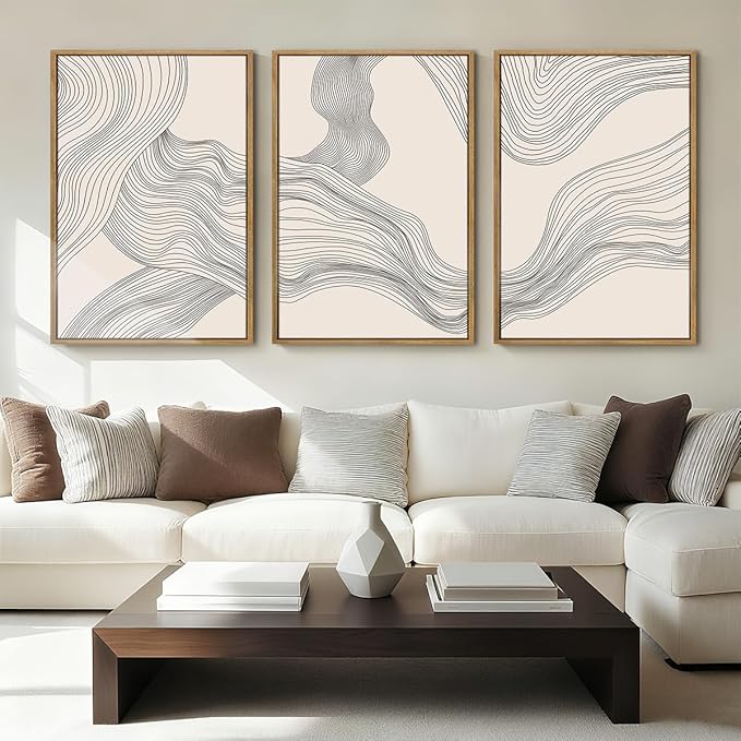 Neutral Abstract Wall Art Framed Modern Beige Wave Wall Decor for Bathroom Living Room Bedroom 16x24 Inch Set of 3