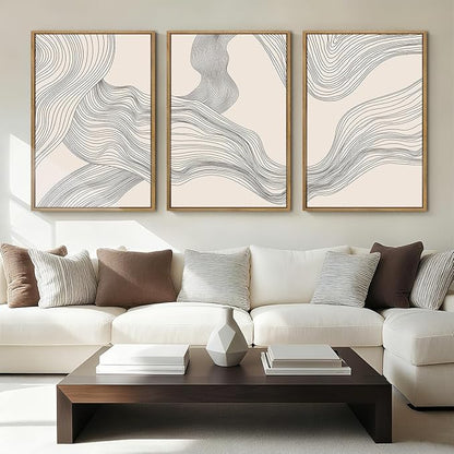Neutral Abstract Wall Art Framed Modern Beige Wave Wall Decor for Bathroom Living Room Bedroom 16x24 Inch Set of 3