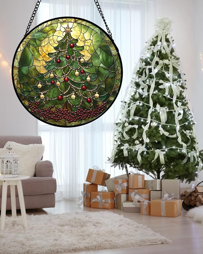 Stained Glass Window Hanging - Retro Green Christmas Tree Suncatcher for Doors Home Christmas Decoration Sun Catcher Thanksgiving New Year Birthday Gifts for Women Men Mom Nana 15 in