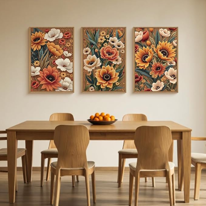 Large Boho Flower Botanical Framed Canvas Wall Art,Abstract Floral Wall Decor,Embroidery Plant Painting,Bloom Wildflower Artwork for Living Room,Bedroom,Dining Room,Office -16"x24"x3