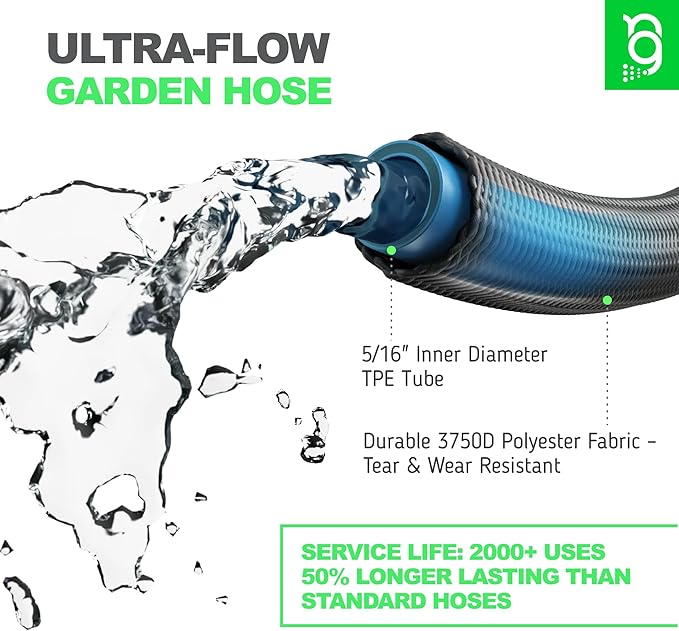 Ultra-Flow Garden Hose 75 FT, No-Kink and Leak-Proof Heavy-Duty Flexible Water Hose 75FT with Reinforced TPE Core, 3/4" Solid Brass Fittings, Non-Expandable Manguera Para Jardin, Built to Last