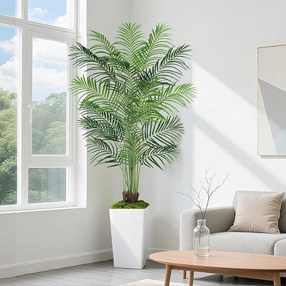 7ft Artificial Palm Tree with White Planter-Tall Artificial Indoor Plants, Fake Tropical Palm Tree, Faux Silk Plants for Home Office Living Room Bedroom Modern Decor