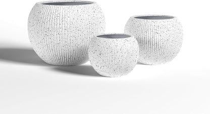 DTY Signature Mount Sherman Modern Indoor Outdoor Fiberstone Sphere Planter, Durable Round Garden Pot, Weather Resistant, Drainage Hole & Rubber Plug,Planter for Christmas Tree (Ribbed White, Small)