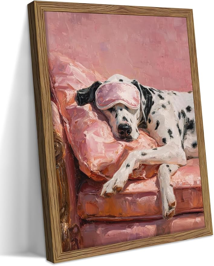 Vintage Framed Dalmatian Wall Art, Cute Dog Canvas Prints Home Decor, Pink Aesthetic Oil Painting, Dalmatian in Sleep Mask Picture Wall Decor for Bedroom Living Room Dormitory – 12x16 inch
