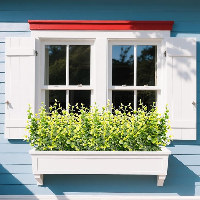 FGSAEOR 12 Bundles Artificial Eucalyptus Plant, Fake Boxwood Shrubs UV Resistant No Fade Faux Greenery for Home Garden Hanging Planter Indoor Porch Patio Office Wedding Decoration