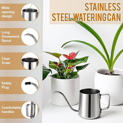 2 Pcs 12 oz / 350 ml Watering Can for Indoor Plants, 304 Stainless Steel Small Gooseneck Spout Kettle, Mini Indoor Watering Can with Scale and Long Spout
