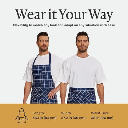 Will Well Kitchen Apron for Men and Women - 33" x 27" Oil-and-Water-Resistant with Adjustable Neck Strap and 38" Waist Ties for a Snug Fit, Lightweight with 2 Front Pockets - 1-Pack, Navy Checkered