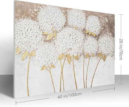 JolyWell Large hand painted wall art White Hydrangea Canvas Wall decor, Modern Floral Wall Decor, 3D Textured Oil Painting, Large Canvas Wall Art for Living Room Bedroom Office Decoration 40x28 Inch