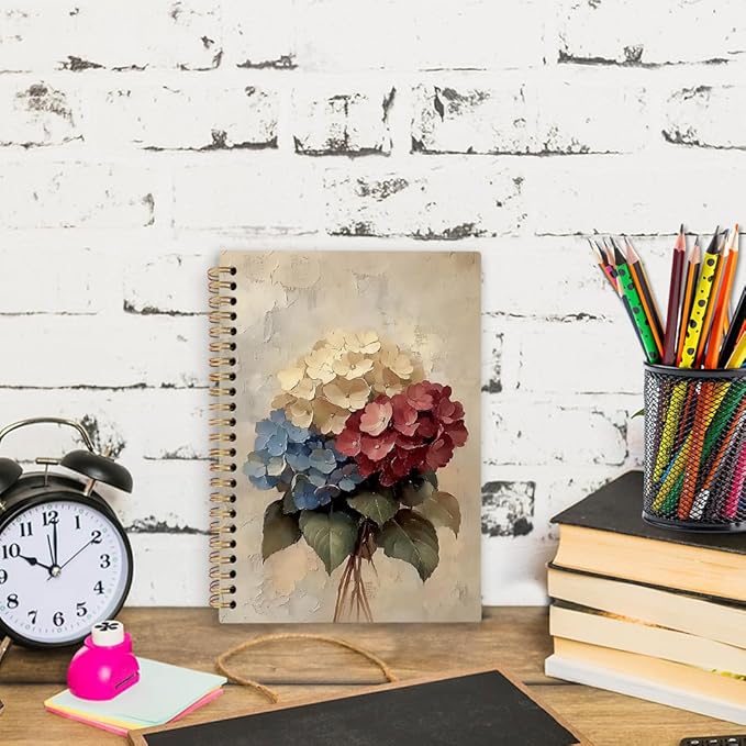 nvucamd Vintage Hydrangea Floral Spiral Notebook, Rustic Hydrangea Flower Journal Notebook, Retro Flower Journaling Notebooks for Women, Floral Gifts Office Supplies, 5.5x8.3 Inch