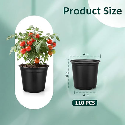 Nursery Pots for Plants, 6 Inch Plant Pots with Drainage, 110 pcs Plastic Seedlings Flower Pots for Plants, Great for Herbs, Cuttings, and Starter (6 Inch)