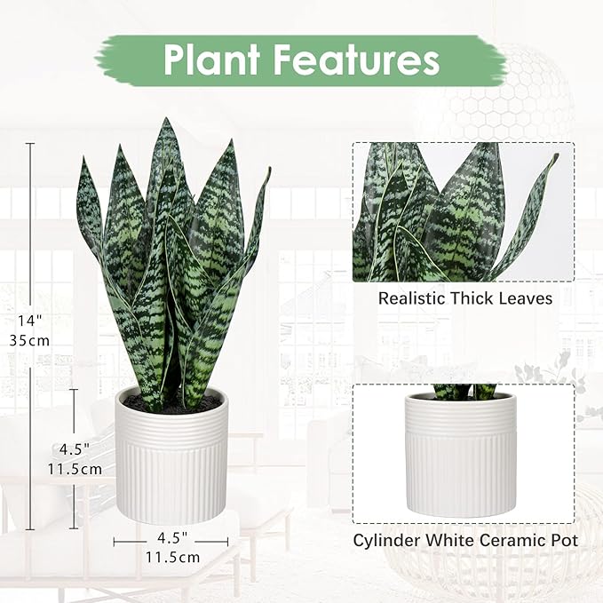 Briful 14'' Fake Snake Plant Home Decor Real Touch Faux Sansevieria Plant in White Ceramic Pot Artificial Snake Plant with Wide Leaves for Home Kitchen Office Living Room Bathroom Decorations