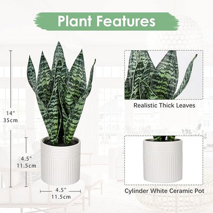 Briful 14'' Fake Snake Plant Home Decor Real Touch Faux Sansevieria Plant in White Ceramic Pot Artificial Snake Plant with Wide Leaves for Home Kitchen Office Living Room Bathroom Decorations
