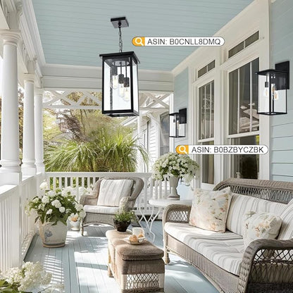 TODOLUZ 3-Lights Large Outdoor Pendant Light, Black Porch Ceiling Lighting Fixtures with Seeded Glass Panel, Exterior Hanging Lantern Adjustable Chain for Yard Entryway Patio