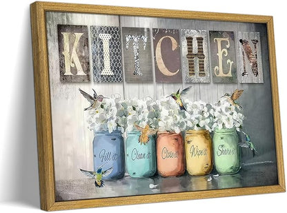 Vintage Kitchen Wall Art, Modern Farmhouse Wall Decor, Canvas Print Poster Oil Painting, Country Kitchen Dining Room Floral Still Life Paintings for Dining Room Home Decor 8x10 Inch Wood Framed