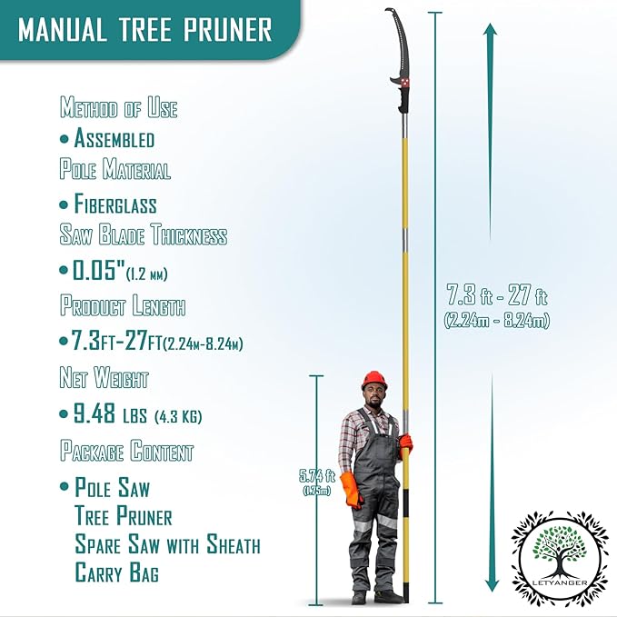 Pole Saws for Tree Trimming, 7.3-27 ft Extendable Tree Trimmers Long Handle Pruner, Sharp Steel Blade and Scissors High Branches Trimming, Tree Pruner, Tree Saw (7.3-27 ft with Scissors)