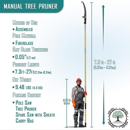 Pole Saws for Tree Trimming, 7.3-27 ft Extendable Tree Trimmers Long Handle Pruner, Sharp Steel Blade and Scissors High Branches Trimming, Tree Pruner, Tree Saw (7.3-27 ft with Scissors)