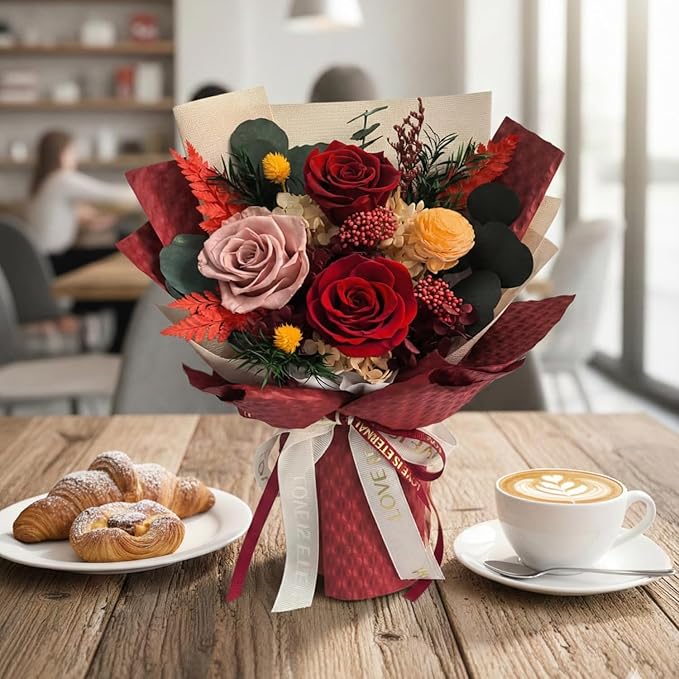 Vaanshie Premium Preserved Flower Bouquet Ideal for Mother's Day Gifting (Waffle Red)
