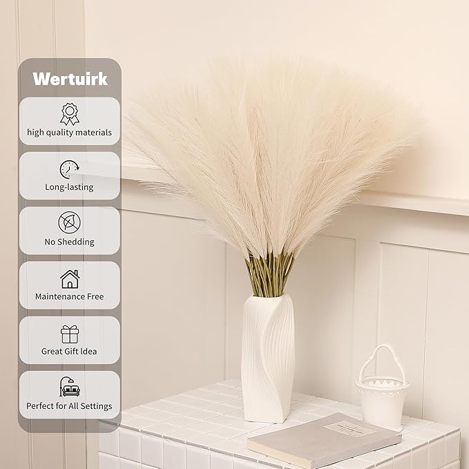 Faux Beige Pampas Grass - 60pcs 24 Inch Boho Home Decor, Artificial pompas Floral, Small Fake Pompous Grass for Table Centerpieces, Wedding and Baby Shower Decorations (Beige, 60 Pieces)