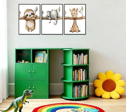 3Pcs Nursery Animal Wall Art Safari Nursery Picture Painting Jungle Animal Wall Decor Cute Elephant Sloth Giraffe Posters Prints Artwork for Boys Girls Baby Room Decoration 12x16in
