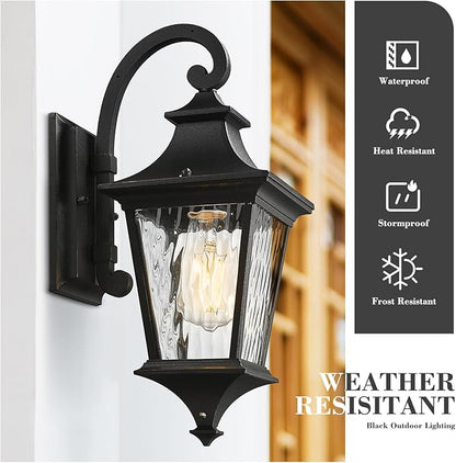Emliviar 2-Pack Farmhouse Lantern Wall Sconces, 15" Wall Mount Outdoor Lights, Black Finish with Water Ripple Glass, XE292B-2PK-SW BK