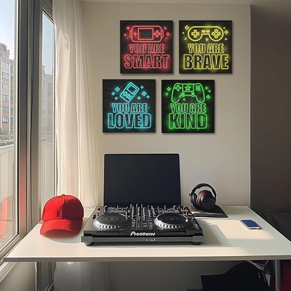4 PCs Neon Gaming Wall Decor Canvas Wall Art Framed Art Game Room Decor Boys Room Decor Gaming Posters, Gamer Room Decor for Boys, Artwork for Walls Video Game Room Playroom Boys Bedroom Home Decor