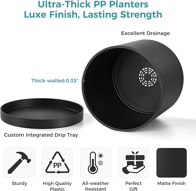 FaithLand 14-Inch Large Modern Cylinder Planter, Thick-Walled Plastic Plant Pot with Drainage Holes and Detachable Saucer, Matte Black, Ideal for Indoor & Outdoor Plants Flowers